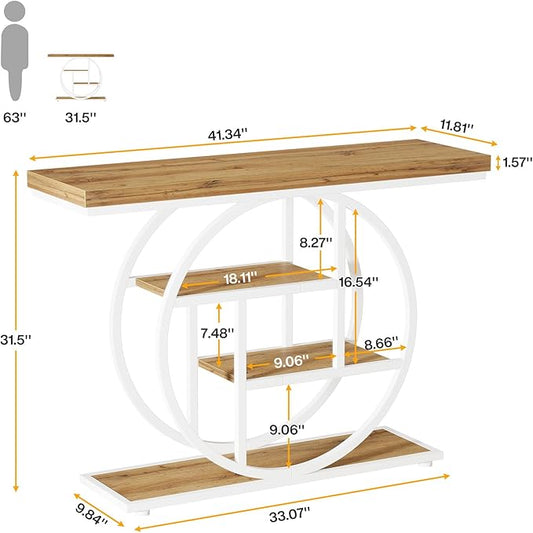 Tribesigns 41.3" Console Table, Industrial 4-Tier Sofa Table Entryway Table with Circle Base, Narrow Wood Accent Tables with Storage Shelves for Living Room, Hallway, Foyer, Brown White