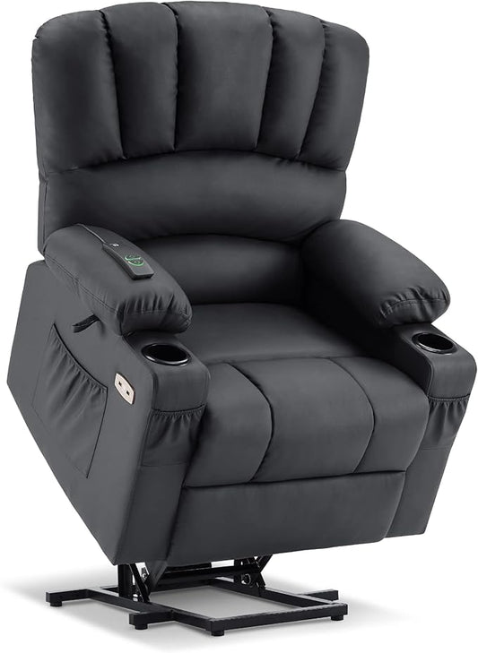 MCombo Power Lift Recliner Chair for Elderly, Lift Chair with Heat and Massage, USB &Type C Ports, Cup Holders, Faux Leather 7095 (Medium, Black)