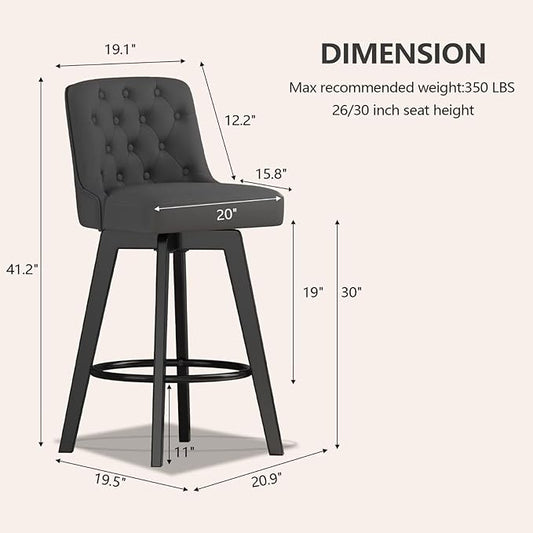 MINCETA Bar Stool, PU Leather Barstool, 30 Inch Upholstered Counter Stool with Low Tufted Back and Footrest, Swivel Counter Height Barstool for Kitchen Island Home Bar Dark Gray