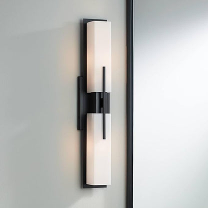 Possini Euro Design Midtown Mid-Century Modern Wall Mounted Light Black Metal Hardwired 23 1/2" Wide Light Bar Fixture White Opal Glass Shades for Bathroom Vanity Mirror House Home Room Decor