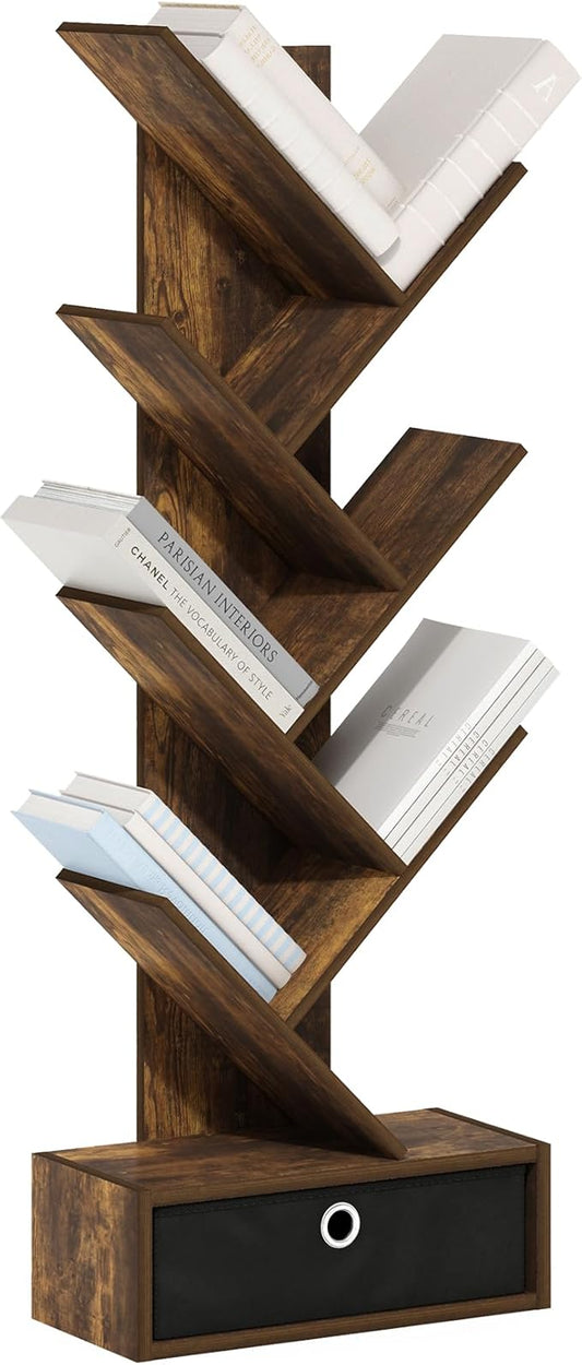 Furinno Tree Book Shelf, 7-Tier Bookshelf, Tree Bookcase with Bin Drawer, 8.4 x 16.9 x 46.2, for Living Room, Bedroom, Home Office, Amber Pine/Black