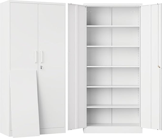 SISESOL Metal Storage Storage Cabinet with 5 Adjustable Shelves,White Metal Cabinet with Locking Doors,Steel Pantry Cabinet with Lock,71" Lockable Storage Cabinet for Home,Office,Garage,Kitchen,Shop