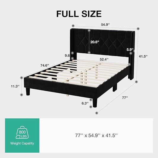 Novilla Full Size Bed Frame, Full Bed Frame with Headboard, Velvet Upholstered Pull-Point Wing Side Headboard, No Box Spring Needed, Heavy Duty Feet, Easy Assembly, Black Velvet