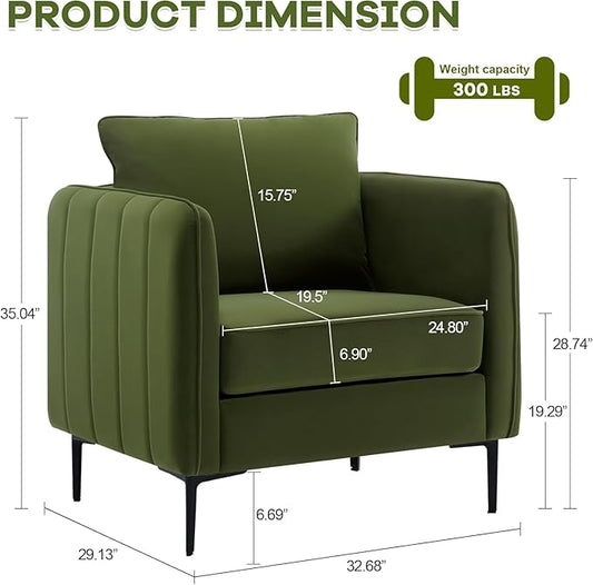 Velvet Accent Chairs Set of 2, Comfy Upholstered Single Sofa Chair Mid-Century Modern Armchair with Thick Cushion and Wood Frame Side Chair for Living Room Bedroom Apartment (Green)