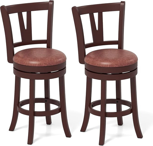 COSTWAY Barstools Set of 2, Faux Leather Upholstered Bar Stools with High Backs and Footrests, Armless Kitchen Island Dining Chairs with Solid Wood Legs, Cappuccino (2, 26'' Seat Height)