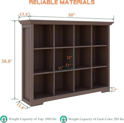 Cube Shelf Bookcase with Base - Wooden 3 Tiers Floor Standing Low Storage Cabinet for Home and Office, 12-Cube Lattice Bookshelf, Walnut