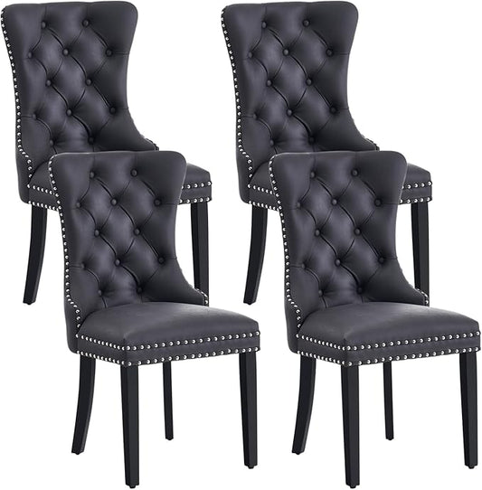 Leather Dining Chair Set of 4, Dining Room Chairs with Nailhead Ring Pull Trim, Upholstered Dining Chairs with Solid Wood Legs for Kitchen Dining Room (Black)