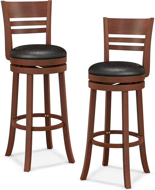 COSTWAY Bar Stools, 360-Degree Swivel Bar Chairs with PU Upholstered Seats, Solid Rubber Wood Backrests, Footrests & Legs, Bar Height Stools with Backs for Kitchen, Bar, Brown (2)