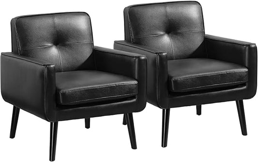 Accent Chair Set of 2, PU Leather Modern Chair with Wooden Frame, Cozy Armchair Reading Chair with Comfy Back for Apartment, Living Room, Bedroom, Waiting Room, Small Space, Corner, Black