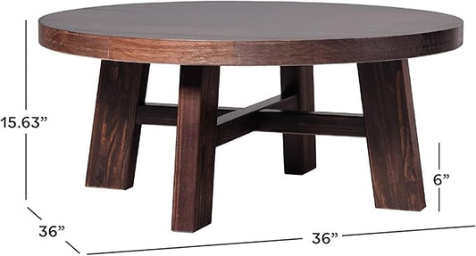 Walker Edison Colt Modern Farmhouse Solid Wood Round Coffee Table, 36 Inch, Espresso