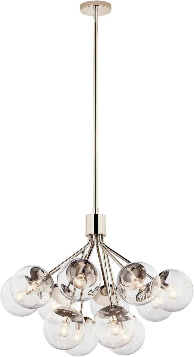 KICHLER Silvarious 12-Light Convertible Chandelier, Soft Modern Light with Clear Glass in Polished Nickel, for Dining Room, Living Room, Bedroom or Foyer (22.25" x 30"), 52701PNCLR