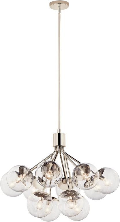 KICHLER Silvarious 12-Light Convertible Chandelier, Soft Modern Light with Clear Glass in Polished Nickel, for Dining Room, Living Room, Bedroom or Foyer (22.25" x 30"), 52701PNCLR