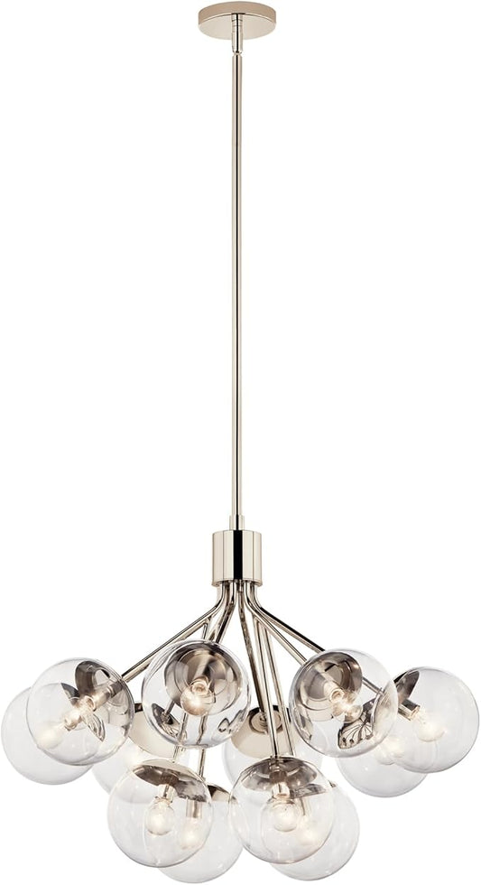 KICHLER Silvarious 12-Light Convertible Chandelier, Soft Modern Light with Clear Glass in Polished Nickel, for Dining Room, Living Room, Bedroom or Foyer (22.25" x 30"), 52701PNCLR
