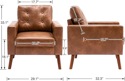 PU Accent Arm Chair with Tufted Back, Faux Leather Comfy Upholstered Single Sofa, Mid Century Modern Side Club Chair with Wood Legs for Reading/Living Room/Bedroom, Caramel