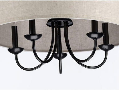 Progress Lighting Drum Shade Collection Five-Light Chandelier, Farmhouse Style Hanging Ceiling Light Fixture for Dining Rooms, Foyers, Harvest Linen Shade, Matte Black
