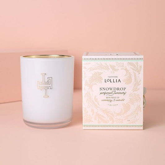 Lollia Snowdrop Luminary, 11 oz, 312 g, Winterberry & Cashmere Scented Soy Candle, 70 Hour Long Lasting Burn Time, Luxury Home Fragrance & Aromatherapy Decor