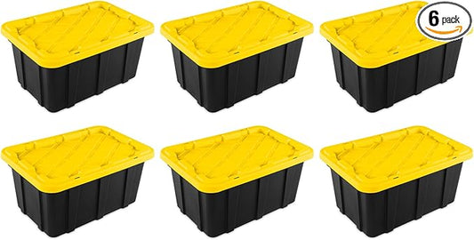 Sterilite 17 Gal Industrial Tote, Stackable Storage Bin with Snap-Fit Lid for Garage, Basement & Attic Storage, Black Base and Yellow Lily Lid, 6-Pack