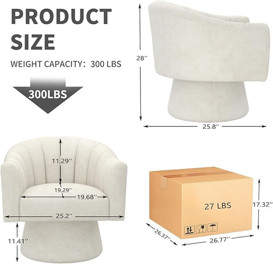 Swivel Accent Chair,Upholstered Velvet 360° Swivel Barrel Chair for Living Room Overstuffed Bouncle Reading Chair Round Armchair for Bedroom,Vanity,Office(Beige)