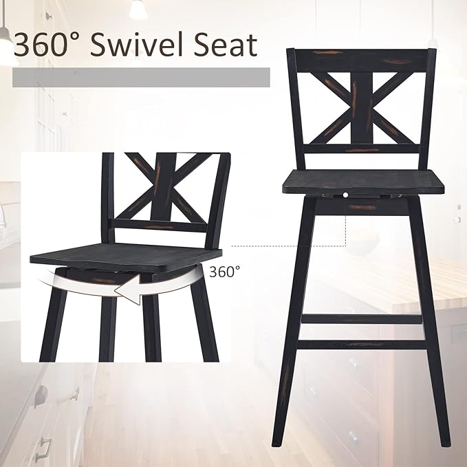 COSTWAY Bar Stools Set of 2, 360 Degree Swivel, 29-inch Height Chairs w/Non-Slip Foot Pads, Rubber Wood Bar Chairs, Vintage Bar Stools for Home, Restaurant (Black)