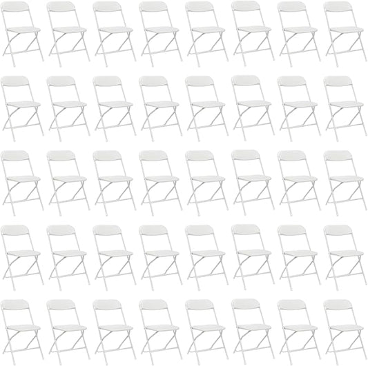 40 Pack White Plastic Folding Chairs, Portable Party Chairs, Stackable Commercial Seats with Steel Frame for Home Office Wedding Party Indoor Outdoor Events Chairs, 350lbs Capacity