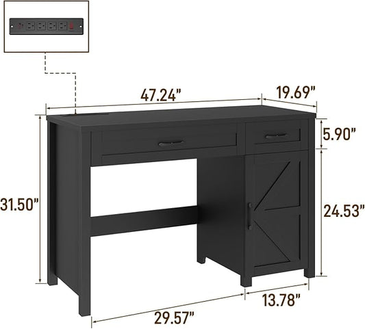 Farmhouse 47" Executive Desk, Computer Desk with Drawers and Storage Cabinet, Workstation for Home Office and Study.(Pure Black)