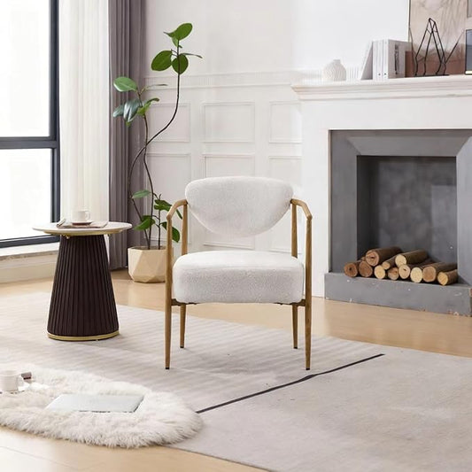Modern Accent Chair, White Teddy Velvet Armchair with Wood Grain Metal Frame, Comfortable Single Seating for Living Room, Dining Room, Bedroom, and Cafe, 24.8" W x 24.8" D x 29.1" H