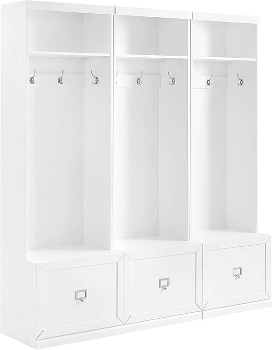 Crosley Furniture Harper 3-Piece Hall Tree Entryway Set with Storage Bench and Coat Rack Hooks for Hanging, White