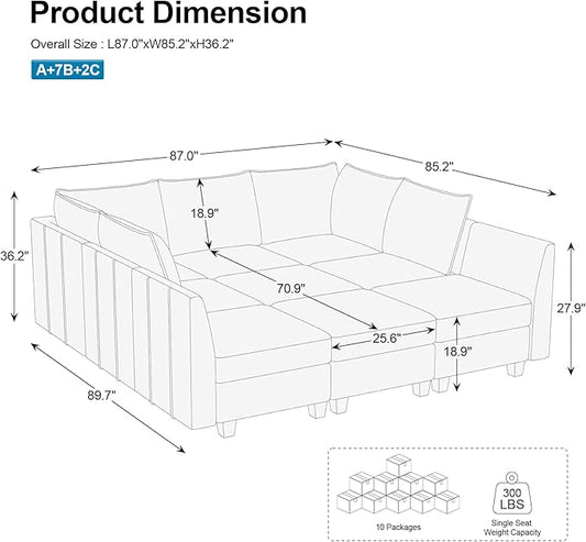 Belffin Large Modular Sectional Sofa Sleeper Sectional Couch with Storage Chenille Sectional Sofa Bed for Living Room, 9 Seats, Beige