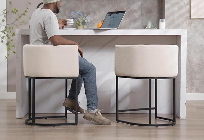 Contemporary Cream Linen Bar Stools Set of 2, 24" Upholstered Fabric Counter Height Barstools Kitchen Counter Island Stools with Black Metal Base, Cream