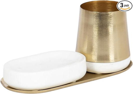 Kate and Laurel Koni Modern Glam Three-Piece Tabletop Organization Set, 12 x 6 x 5, White Marble and Gold, Marble and Metal Organizational Set for Office or Entryway Decor