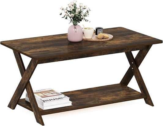 Furinno Modern Simplistic Coffee Table, Rectangle Modern Coffee Table with X-Legs, Criss-Crossed Side Table, for Living Room, Bedroom, Home Office, Amber Pine