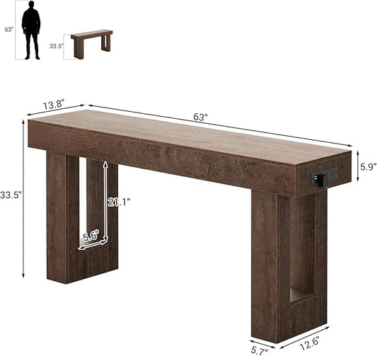 Unikito 63'' Farmhouse Console Table with Power Outlets and Sensor Light, Wooden Entryway Table with Storage, Rectangular Sofa Tables Behind The Couch for Entrance, Hallway, Living Room, Rustic Oak
