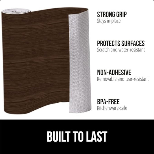 GORILLA GRIP DripGuard Shelf Liner, Non Adhesive Drawer and Kitchen Cabinet Protector, Slip Resistant BPA Free Smooth Surface Plastic Liners for Cabinets, Bathrooms, Closets, 17.5x120 Inch, Wood