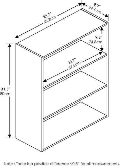 Furinno PASIR Book Shelf, 3-Tier Bookshelf, Storage Shelves Bookcase, 9.7 x 23.7 x 31.5, for Living Room, Bedroom, Home Office, Columbia Walnut