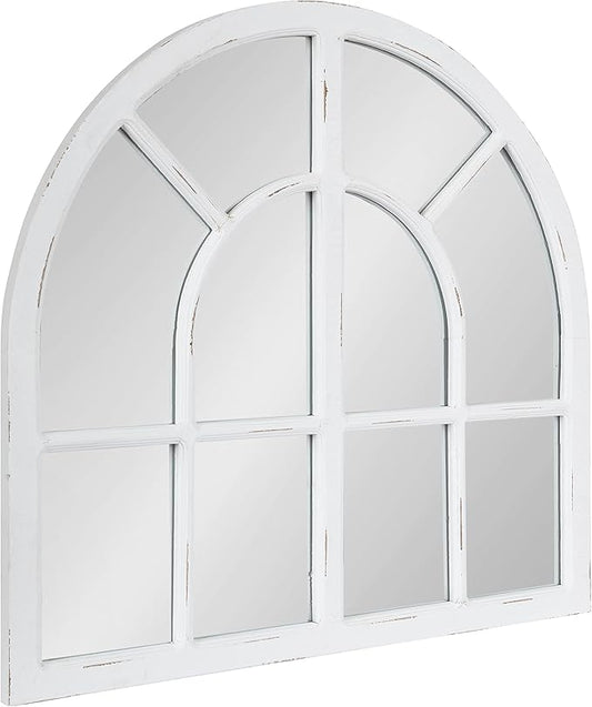 Kate and Laurel Boldmere Modern Farmhouse Wide Windowpane Arched Mirror; 30 x 29; White; Decorative Vintage Inspired Window Mirror for Farmhouse Wall Decor
