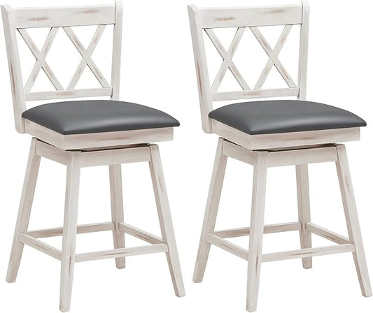 COSTWAY Bar Stool Set of 2, 360° Swivel Counter Height 25inch Bar Stool with Foot Rest Upholstered Cushion & Ergonomic Backrest, Sturdy Frame, for Pub, Kitchen Islands (2, Antique White + Grey)