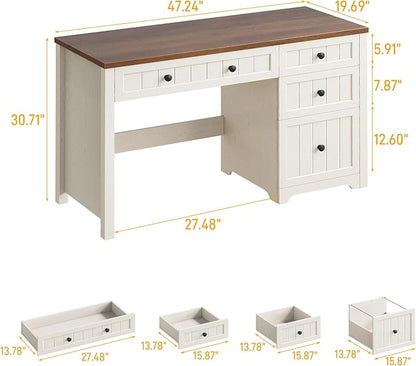 Vabches Farmhouse Executive Desk with Drawers, Home Office Desk with Storage Cabinet and File Drawer, Wood Computer Desk with Storage, Rustic Office Desk for Work Study Writing, Brown White
