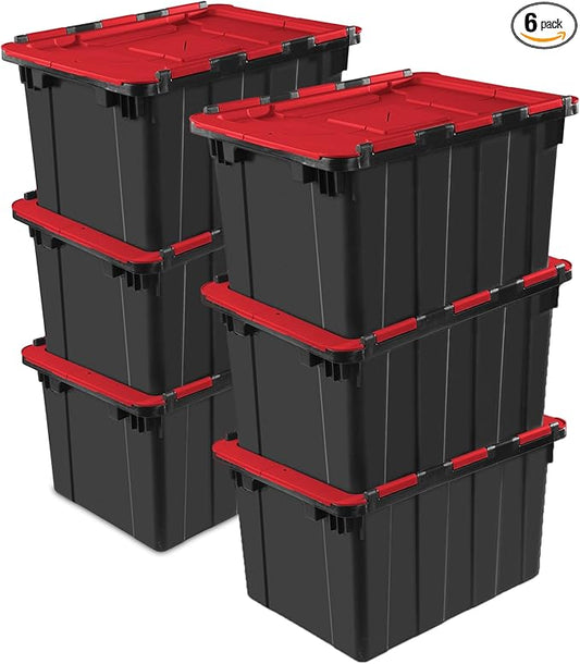 Sterilite 6-Pack 12 Gallon Hinged Lid Industrial Tote, Heavy-Duty Plastic Organizer - Stackable Multipurpose Home Storage Bins with Contoured Handles for Garage, Basement or Attic Organization