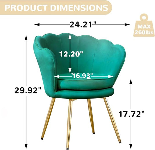 Accent Chairs Set of 2, Velvet Vanity Chair with Back, Mid-Century Modern Small Accent Chair for Living Room, Golden Metal Legs Upholstered Makeup Chair, Bedroom Armchair, Emerald Green