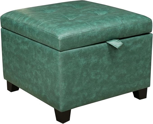 Asense 17 Inch Storage Ottoman Foot Rest,Square Faux Leather Foot Stool,Small Ottoman with Storage,Padded Seat for Entryway,Living Room,Bedroom,Couch,Under Desk,Green