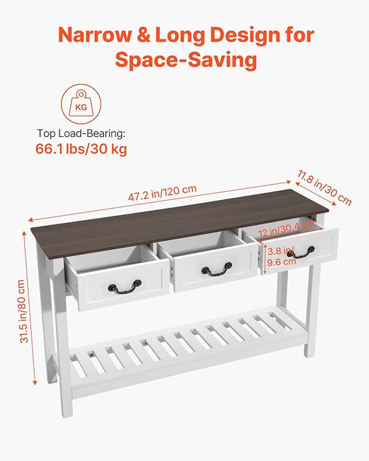 VEVOR 47 in Console Table, Farmhouse Desk Behind The Couch with Drawers and Bottom Storage Shelf, Wooden Rectangle Entrance Narrow Sofa Table for Hallway, Bedroom, Living Room, Foyer, Brown + White
