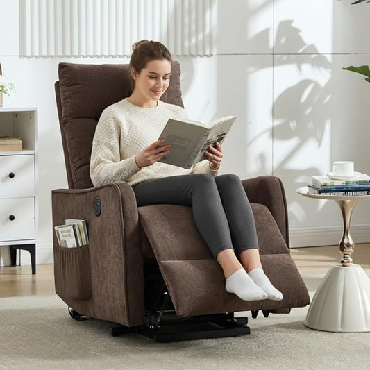 PELUMY Manual Lift Recliner Chair with Massage and Heat for Elderly, Single Motor Electric Lift Chair, Heavy Duty Recliner with USB Charging & Side Pockets (Chenille, Brown)