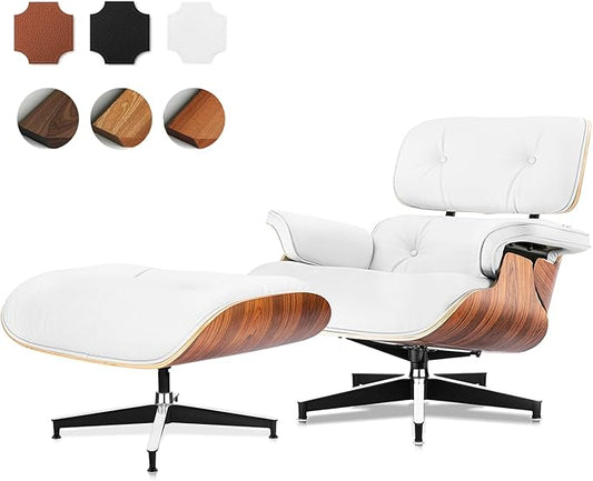 Top Grain Leather, Mid Century Chaise Lounge Chair and Ottoman, Modern Chair Classic Design, Heavy Duty Base Support for Living Room Study Lounge Office, Palisander-White, Heightening