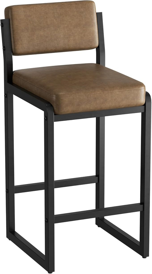 Bar Stools, Faux Leather Counter Height Bar Stools with High Back and Metal Legs, Upholstered Bar Chairs, 26" Modern Barstools for Kitchen Island, Dark Brown