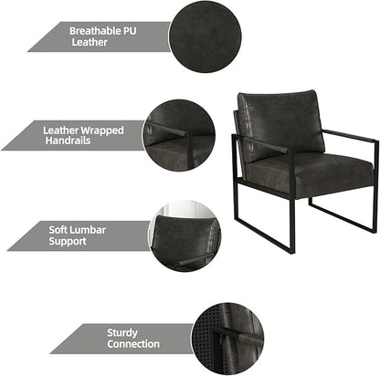 INZOY Leather Accent Chair with Metal Frame Set of 2, Comfy Living Room Chair with Plump Backrest and Cushion, Mid Century Modern Chair with Sturdy Structure, Easy to Clean, Dark Grey