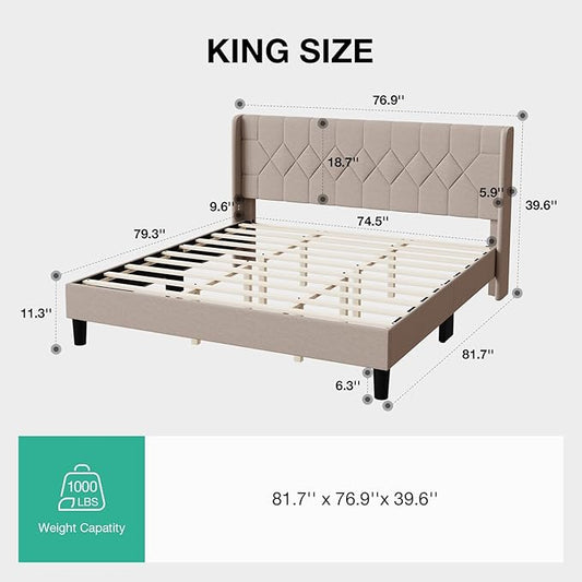 Novilla King Bed Frame, King Bed Frame with Headboard, Linen Upholstered Pull-Point Wing Side Headboard, No Box Spring Needed, Heavy Duty Feet, Easy Assembly, Beige