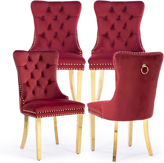 Velvet Upholstered Dining Chairs Set of 4, Modern Style Kitchen Side Chairs with Nailhead Trim and Gold Plated Leg, Metal Pulling Ring for Dining Room Living Room(Wine Red-Gold Plated Leg)