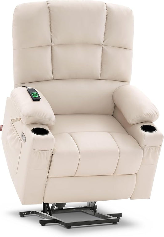 MCombo Medium Lay Flat Dual Motor Power Lift Recliner Chair Sofa with Massage and Heat for Elderly People, Infinite Position, Faux Leather 7679 (Cream White, Medium)