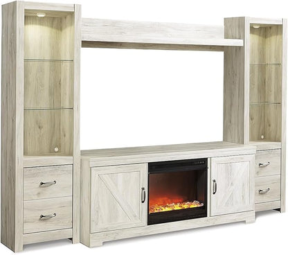Signature Design by Ashley Bellaby Farmhouse 4-Piece Entertainment Center for TVs up to 72" with Fireplace and LED Lighting, Whitewash