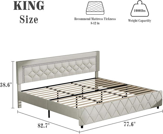 BarnFurin King Bed Frame with Diamond Tufted Headboard, Faux Leather Upholstered Bed with Wooden Slats Support, No Box Spring Needed, Mattress Foundation, Easy Assembly, Cream